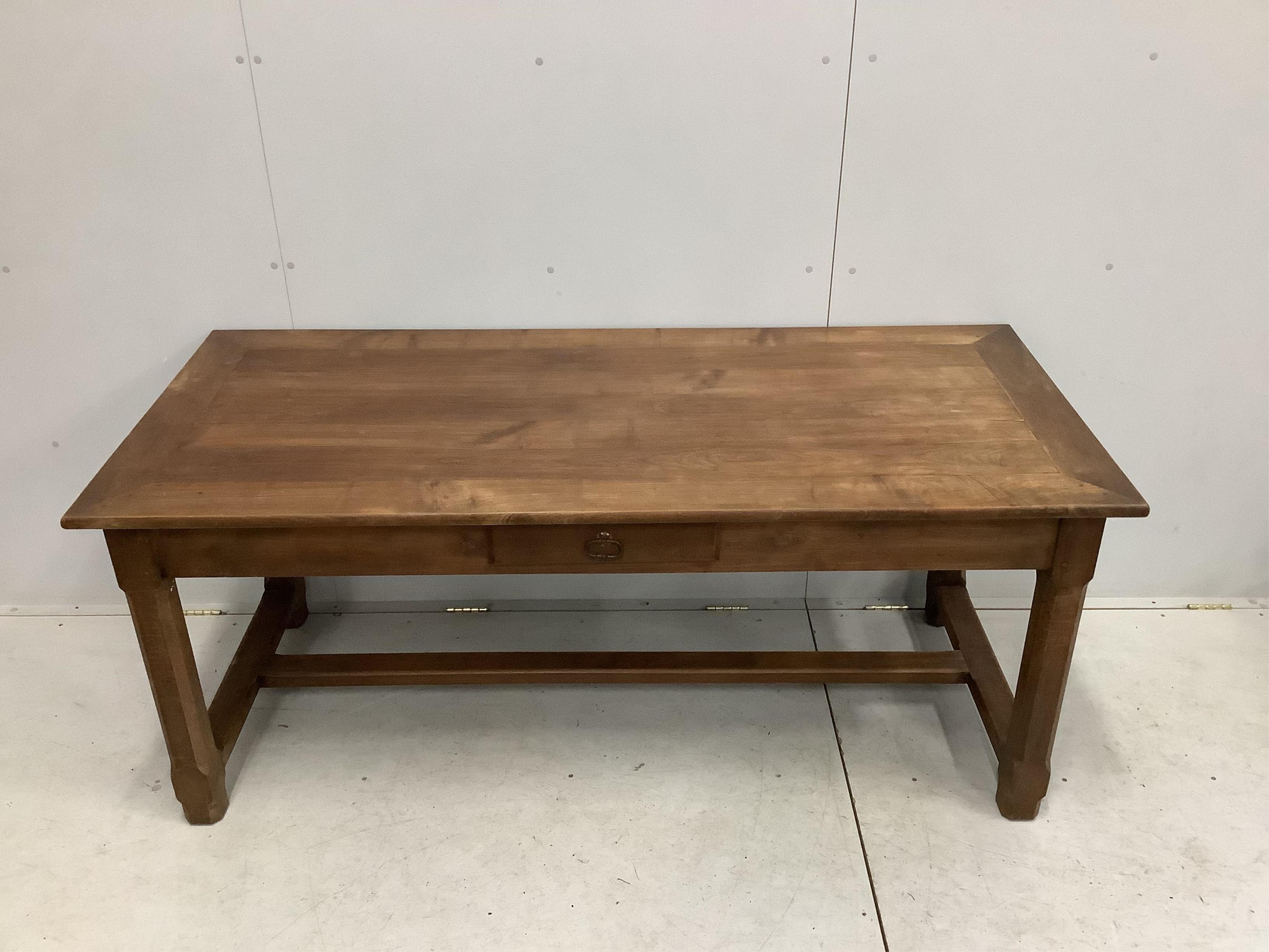 A rectangular French cherry kitchen table, width 179cm, depth 79cm, height 76cm. Condition - fair to good